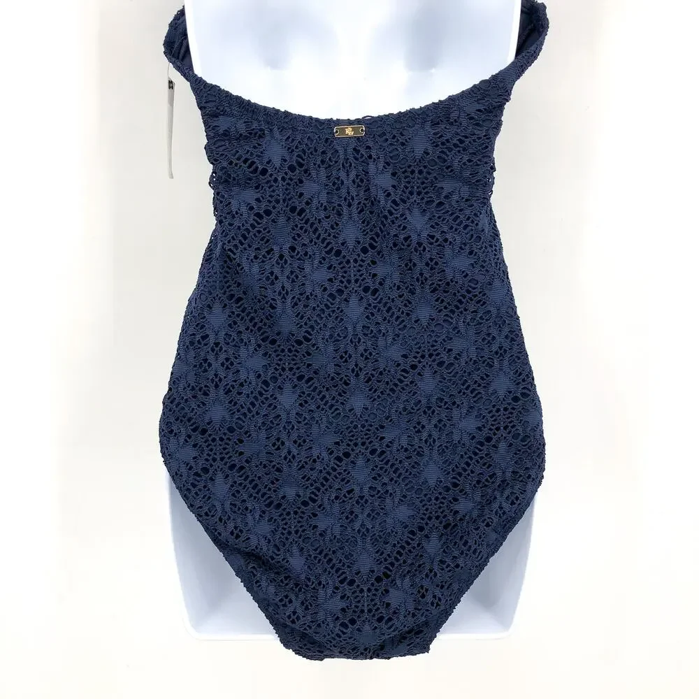 LAUREN RALPH LAUREN One Piece Swimsuit Size 12 Navy Blue Crochet Bandeau NWT